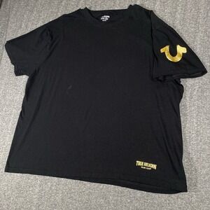True Religion T Shirt Men's XXL Black Gold Logo Sleeve Hit